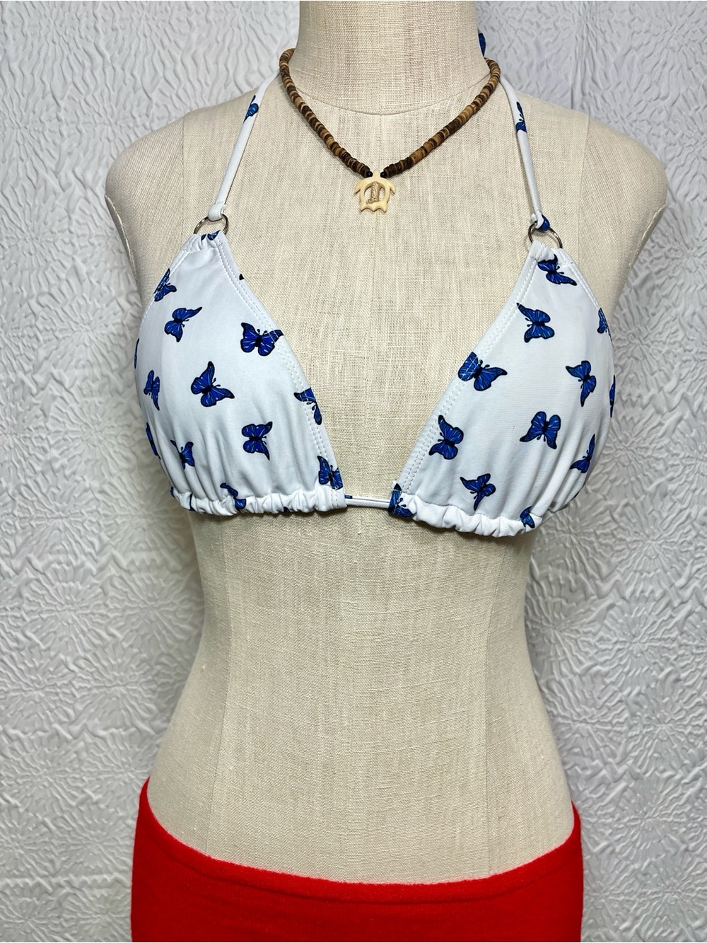 White Triangle Bikini Top with Blue Butterfly Print